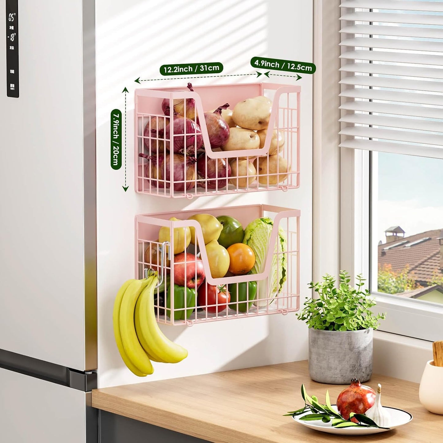 Magnetic Shelf for Fridge, Fruit Basket Magnet Shelves with 2 Hooks | Potato and Onion Storage Bins, Black Magnetic Organizer Side of Fridge Storage, Magnetic Spice Rack for Refrigerator Kitchen