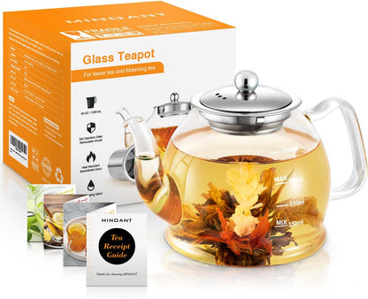 Glass Teapot, 40oz/1200ml Tea Pot with Removable Infuser for Loose Tea | Stovetop Safe Borosilicate Glass Tea Kettle with Strainer and Lid, Hand Crafted Clear Teapot with Scale Line,Tea Brewer Guide