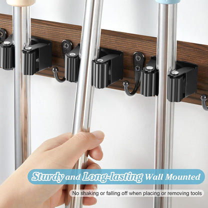 White Broom Holder Wall Mount - Heavy Duty Wood Mop and Broom Organizer with 5 Slots & 4 Hooks - Garden Tool Hanger for Laundry Room Closet Kitchen Garage Storage and Organization - Modern Home Decor