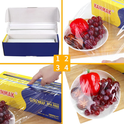 KAMMAK Plastic Wrap Food Cling Wrap with Slide Cutter 15 inch Restaurant Cling Film 2000 Ft Bulk Roll Refillable Food Service Cling Wrap Dispenser Quick Cut Anti-Fog Cling Film for Kitchen