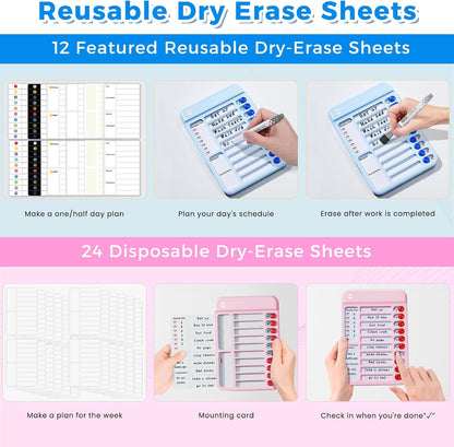 Chore Chart for Kids with Timer, 21 PCS Checklist Magnetic Schedule Board, ADHD Tools with 99-Min Countup/Down Visual Timer, Bedtime/Morning/Daily Routine Chart Dry Erase to Do List with Slider(White)