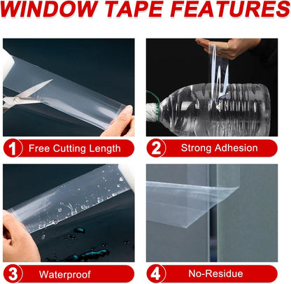 Window Sealing Tape 2 Inch x 33 FT Transparent Window Draft Insulation Residue-Free Clear Weather Stripping Caulk Tape Windproof Weatherproof Window Seal AC Units for Window Glass, Doors Gaps