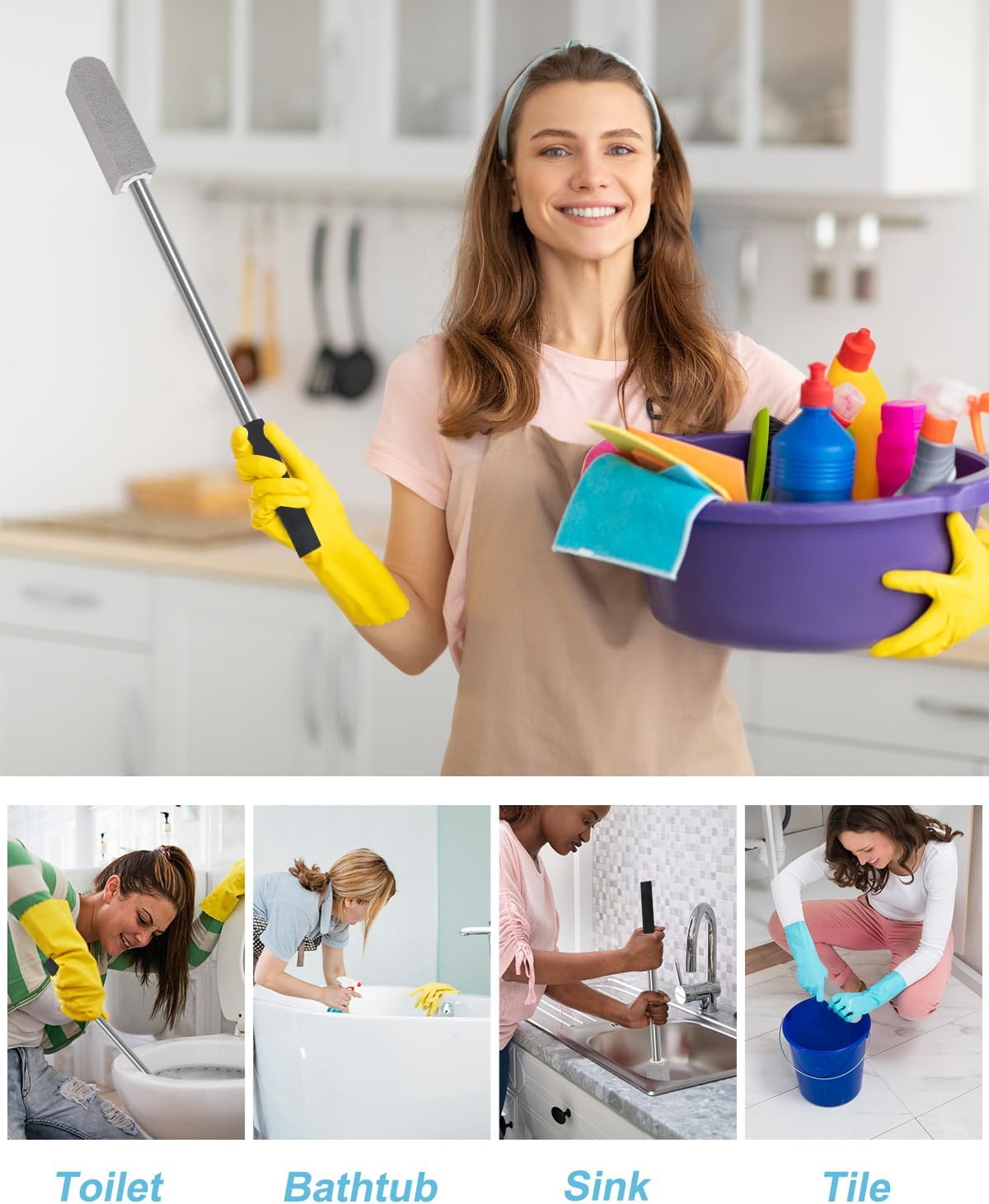 6 Pack Pumice Stone Toilet Bowl Cleaner | 22" Stainless Handle Hard Water Stains Remover, Extra Long Pumice Brush for Toilet, Sink, Pool, Tile, Grill