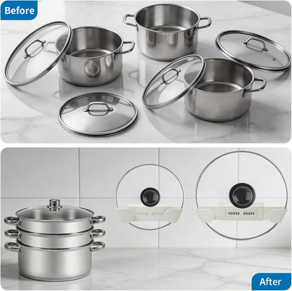 Adjustable Pot Lid Holder for 6" to 14" Lids, White 4 Pack | Pan Lids Organizers, No Drilling Required & Detachable, Sticky Wall Mounted Lid Storage for Kitchen Wall, Cabinets & Door