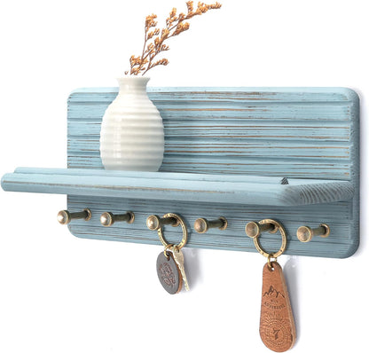 Rebee Vision Pine Wood Key Holder Wall Mount with Shelf for Entryway, Brown | 6 Key Hooks, Round Corner, Smooth&Hand-Friendly, Clear Wood Texture, Space-Saving Design, Organize Mail & Letter