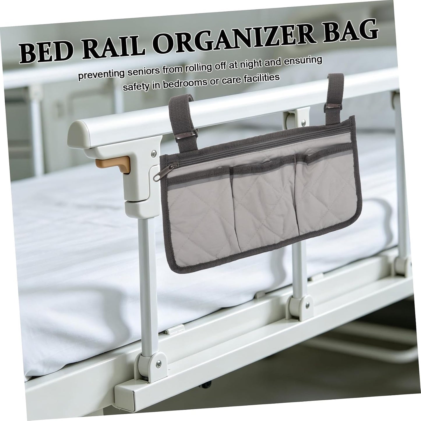 Bedside Rail Organizer Bag with 4 Pockets, Cup Holder, and Zipper Phone Pouch, Universal Multi-use Storage Caddy for Senior Safety and Mobility Assistance on Hospital or Dorm Beds