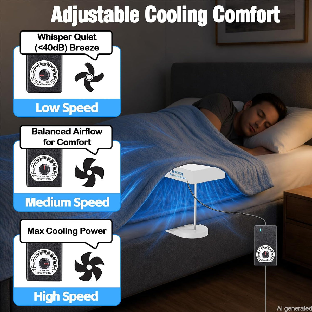Bed Fan Under Sheets, Bed Cooling System with Adjustable Fan Speed (White)