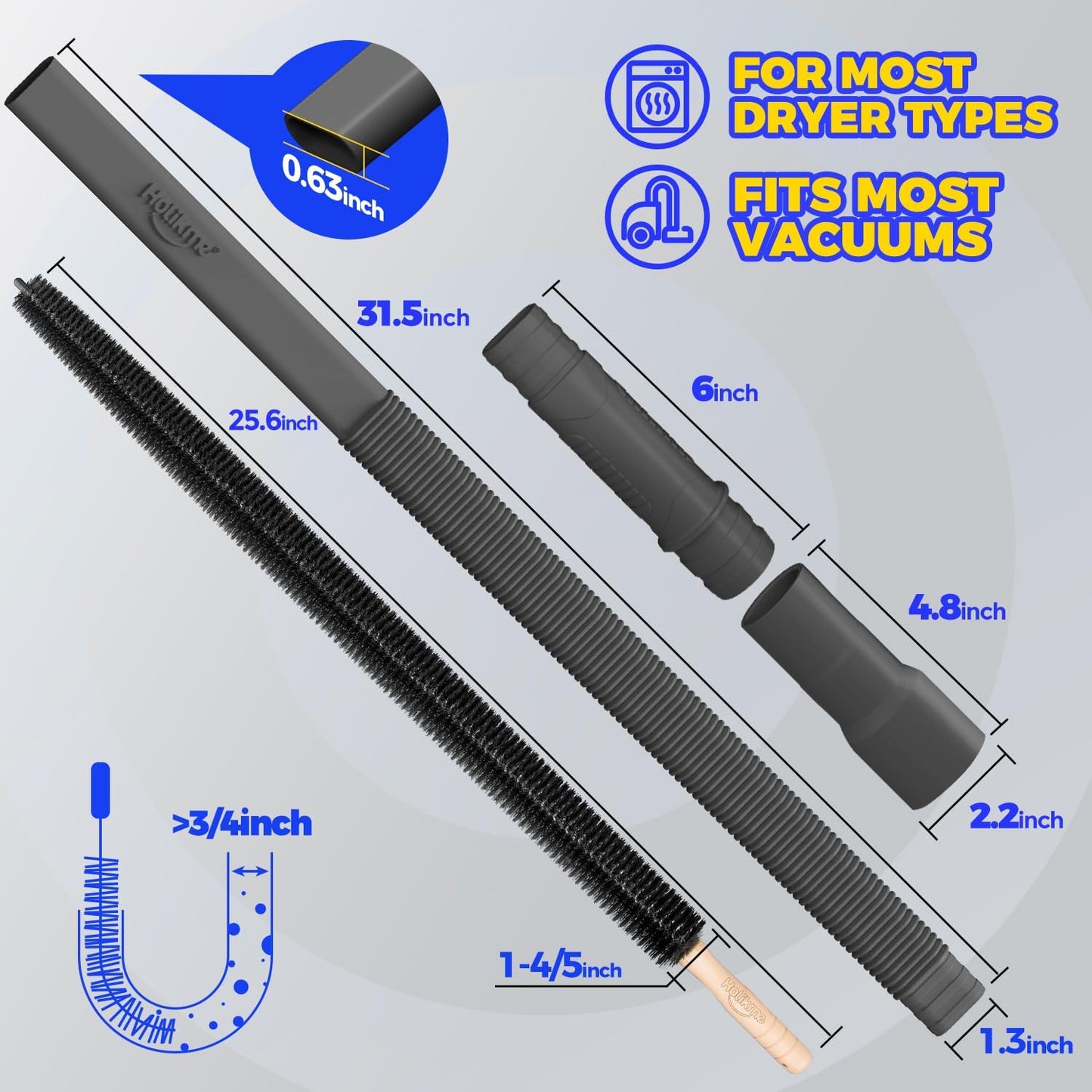Holikme Dryer Vent Cleaner Kit 2Pack - Lint Vacuum Attachment & Brush | Blue Dryer Vent Vacuum Hose Attachment & Brush Reach Deep Traps - Remove Hidden Lint, Speed Drying & Reduce Fire Risk