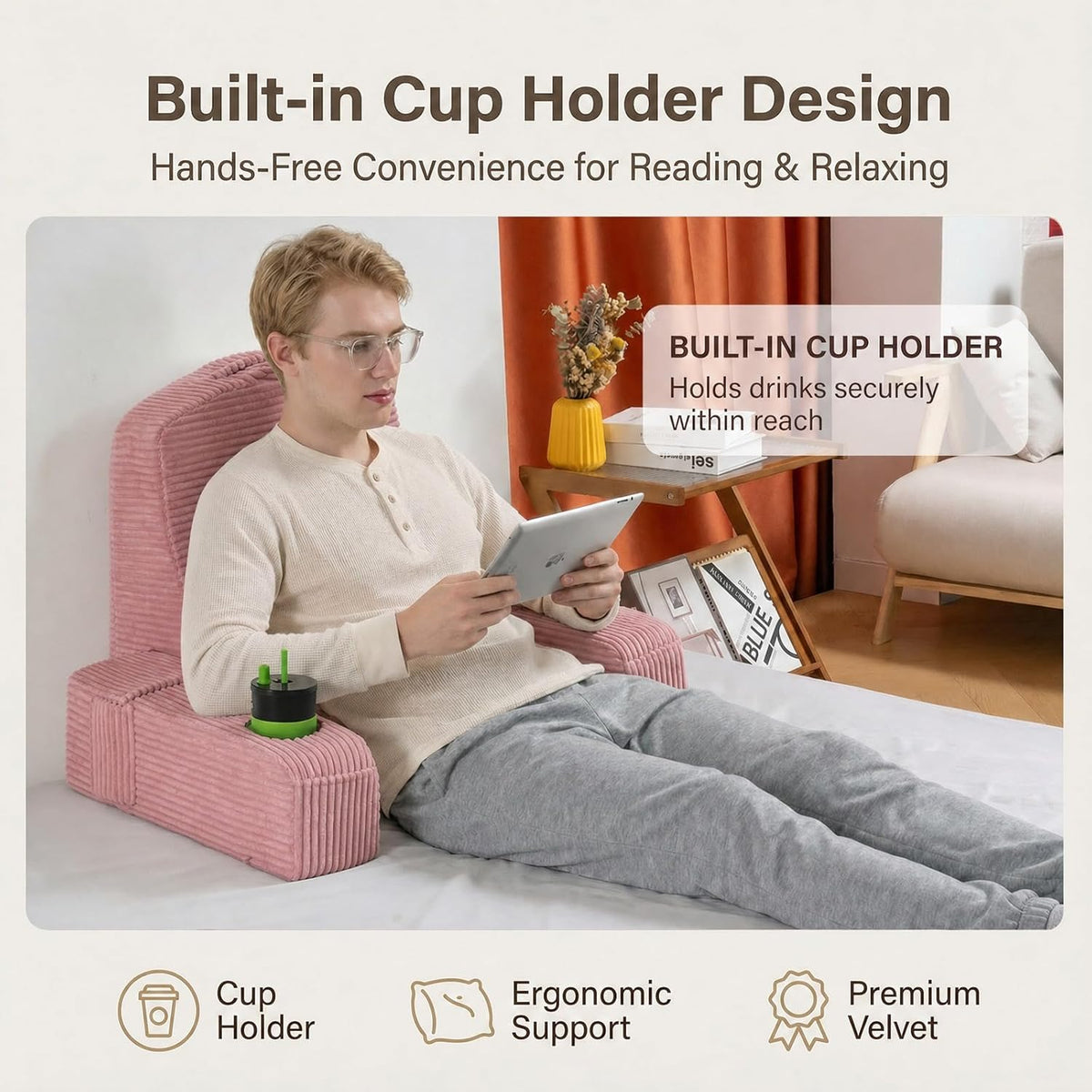 21 INCH Reading Pillow for Adults, Back Pillow for Bed Sitting Up, Backrest Pillow for Sitting in Bed, Detachable Arms with Built-in Cup & Phone Caddy (Gray, 21 INCH)