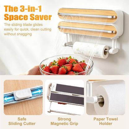 3 in 1 Plastic Wrap Dispenser with Cutter,Wooden Aluminum Foil Organizer | Magnetic Holder with Kitchen Towel Holder, Wall Mount Kitchen Wrap Dispenser for Pantry and Kitchen Cabinet