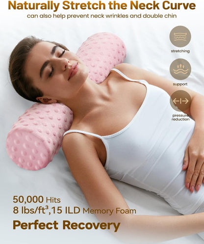 Memory Foam 4" Round Pillow, Cervical Neck Pillow for Pain Relief, Cylinder Pillows 18"x 4", Removable Cover, Neck Roll Pillow for Sleeping, Velvet Dots, Grey