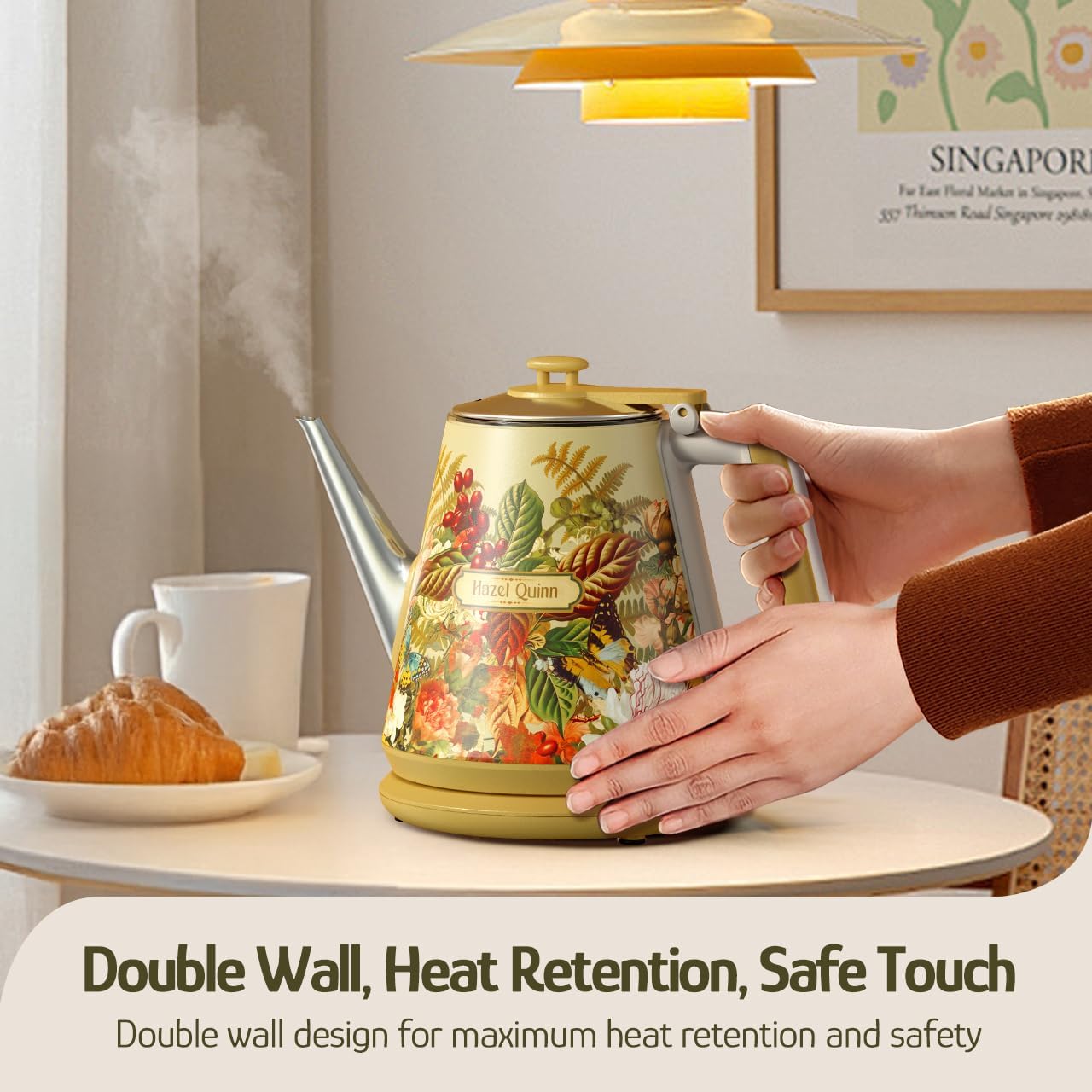 Hazel Quinn Electric Kettle, 1L/34oz Small Tea Kettle - Pearl White | 800W Fast Boil, 304 Stainless Steel Interior, Double-Wall Cool Touch, Gooseneck Spout, Auto Shut-Off, BPA-Free Cordless Home