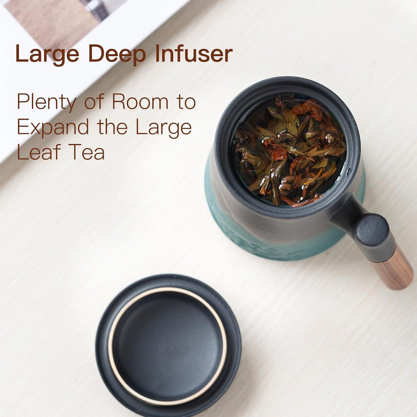 ZENS Tea Mug with Infuser and Lid for Loose Leaf Tea Steeper, 16.9oz Moss | Embossed Ceramic Tea Cup with Infuser for Herbal Tea Difussers, Tea Lovers Gifts, Nature Wood Handle