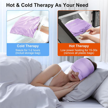 2 in 1 Migraine Relief Cap with Gel Eye Mask, Headache Relief Cap Ice Head Wrap Hot and Cold Therapy Hat Gift for Women for Headache Puffy Eyes Sinus and Tension Stress Relief (Light Purple)
