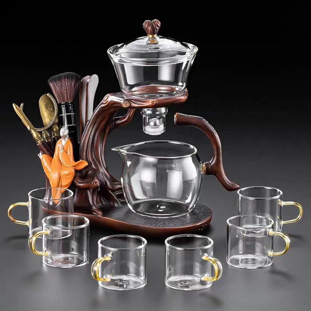Glass Teapot with Infuser Chinese Gongfu Tea Set,6 cups,Magnetic Semi Automatic Design for Loose Leaf Tea