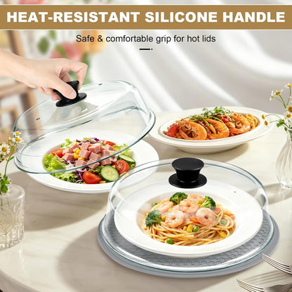 Microwave Splatter Cover & Silicone Place Mat, 10" Glass Splatter Guard Lid | Microwave Plate Cover for Food with Easy Grip Silicone Handle, Food Grade Borosilicate Glass, BPA Free, No Plastic