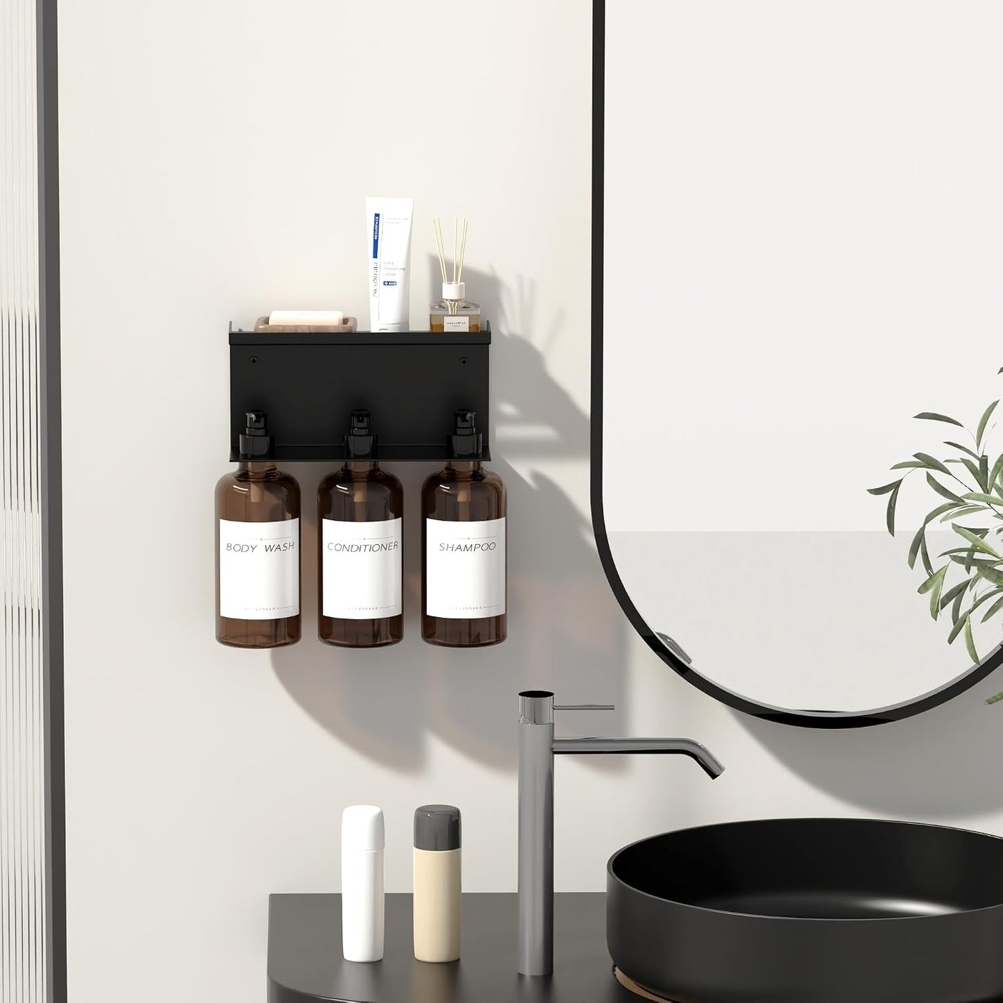 Shampoo and Conditioner Dispenser, Soap Dispenser Wall Mounted, 25.36 fl oz Set of 3 Amber Plastic Bottles Black Pump, Shower Soap Bottles Refillable with Labels for Bathroom
