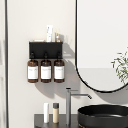 Shampoo and Conditioner Dispenser, Soap Dispenser Wall Mounted, 25.36 fl oz Set of 3 Amber Plastic Bottles Black Pump, Shower Soap Bottles Refillable with Labels for Bathroom
