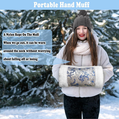 Faux Fur Hand Muffs for Women, Soft Exquisite Flower Pattern Hand Warmer Pouch with Neck Cord, Warm Hand Muffler for Cold Weather, with Pearl Butterfly Brooch