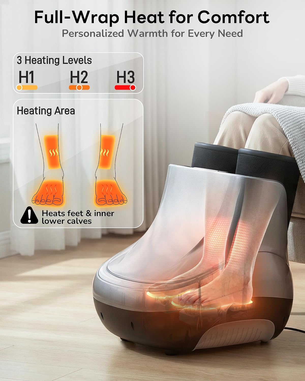 2 in 1 Shiatsu Foot and Calf Massager Machine with Adjustable Heat | Enclosed Design for Tired Legs & Feet, Fits US Men's 11 / Women's 12.5, 5 Modes, 9 Intensities, Remote, Corded Power