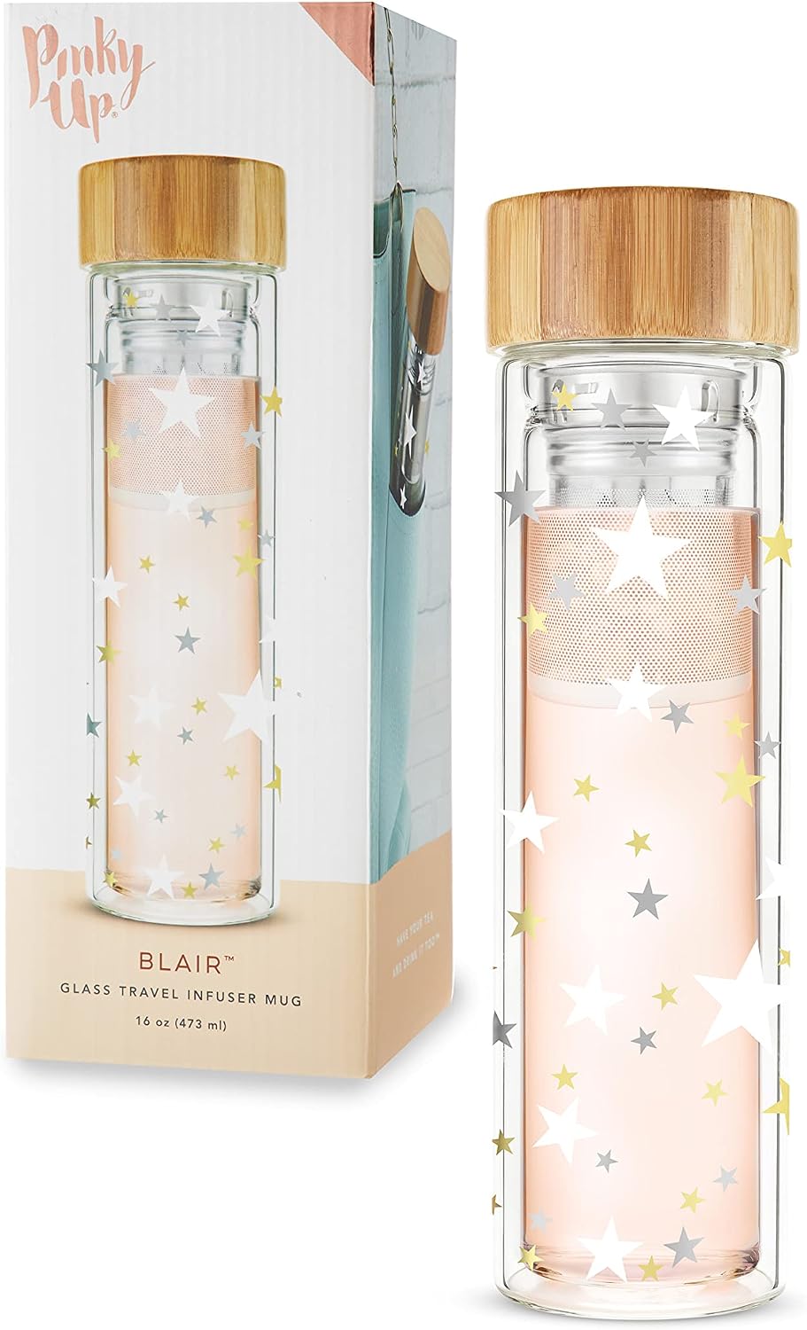 Pinky Up Blair Travel Tea Infuser Mug, Double Walled Insulated Travel Tumbler with Loose Leaf Tea Strainer, Travel Coffee Mug, Keeps Drinks Hot or Cold, 16 oz, White Leaf