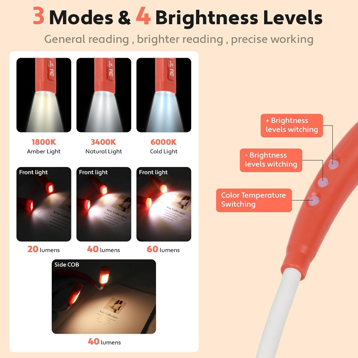 Neck Reading Light LED Brightness Rechargeable Bendable Book Lamp for Reader Lover in Bed Knitting Camping Repairing Gifts Orange