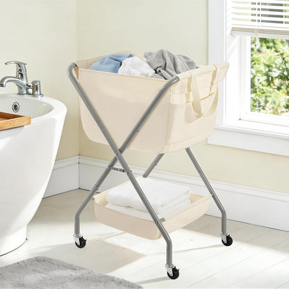 STORAGE MANIAC Collapsible Laundry Cart with Wheels 35.6"H Removable Canvas Bag Rolling Laundry Hamper Clothes Basket with Wheels, Sturdy Steel Frame Folding for Small Narrow Space Easy Storage, Beige