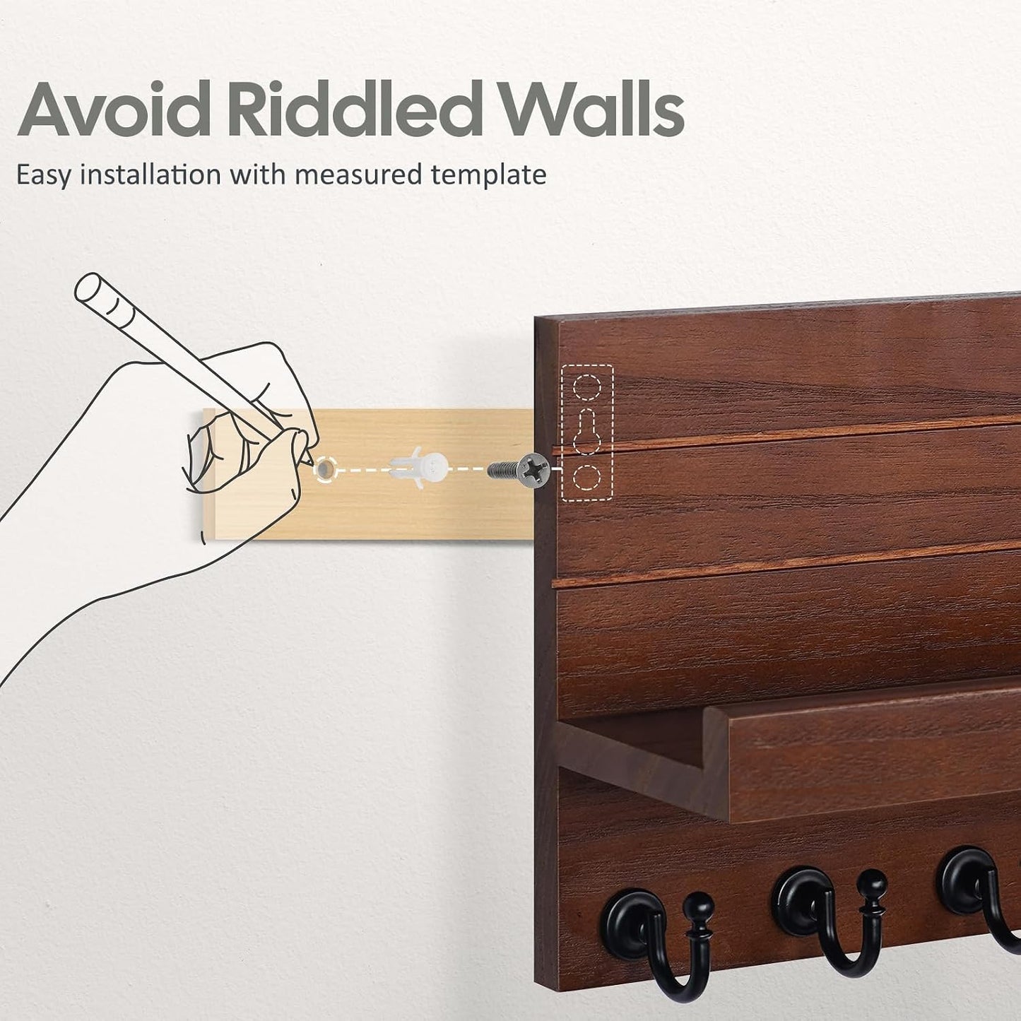 HONJIN Key Holder Wall Mount with Shelf and 5 Sturdy Key Hooks (White) | Key and Mail Holder Wall Mount, Wooden Entryway Organizer and Decorative, Easy Installation, 10*3.8*6.85 Inch