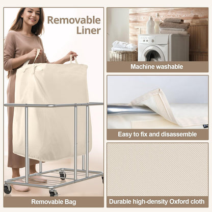 Hodonas Rolling Laundry Hamper 2-Section, Beige, 31.5"Lx15.75W"x30.7"H | 230L(61Gal) Storage Capacity, with Metal Structure, Removable Liner, and Silent Casters, Sturdy Clothes Hamper for Home