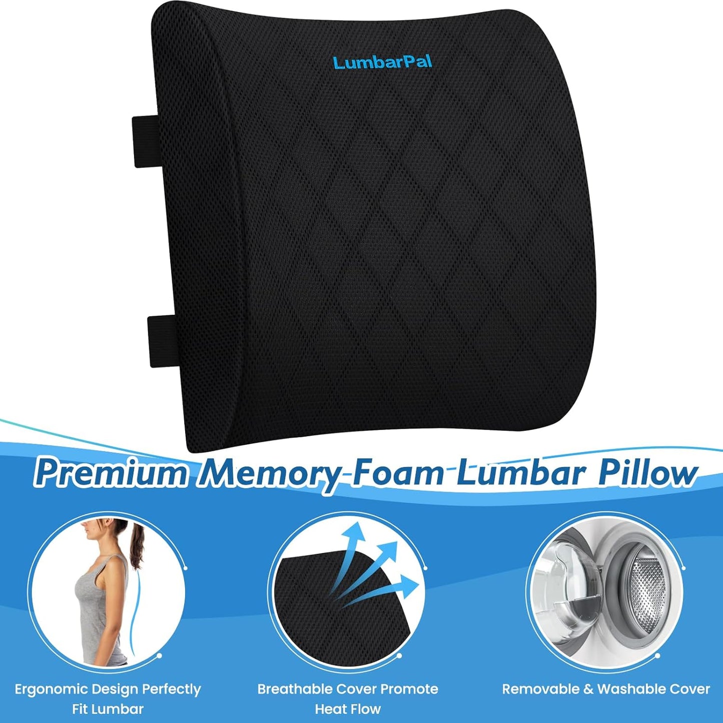 Lumbar Support Pillow for Office Chair, Back Support, Memory Foam, Grey | Improve Sitting Posture & Back Pain Relief. Lumbar Pillow Fits Office, Gaming & Car Chairs with Adjustable Dual Straps