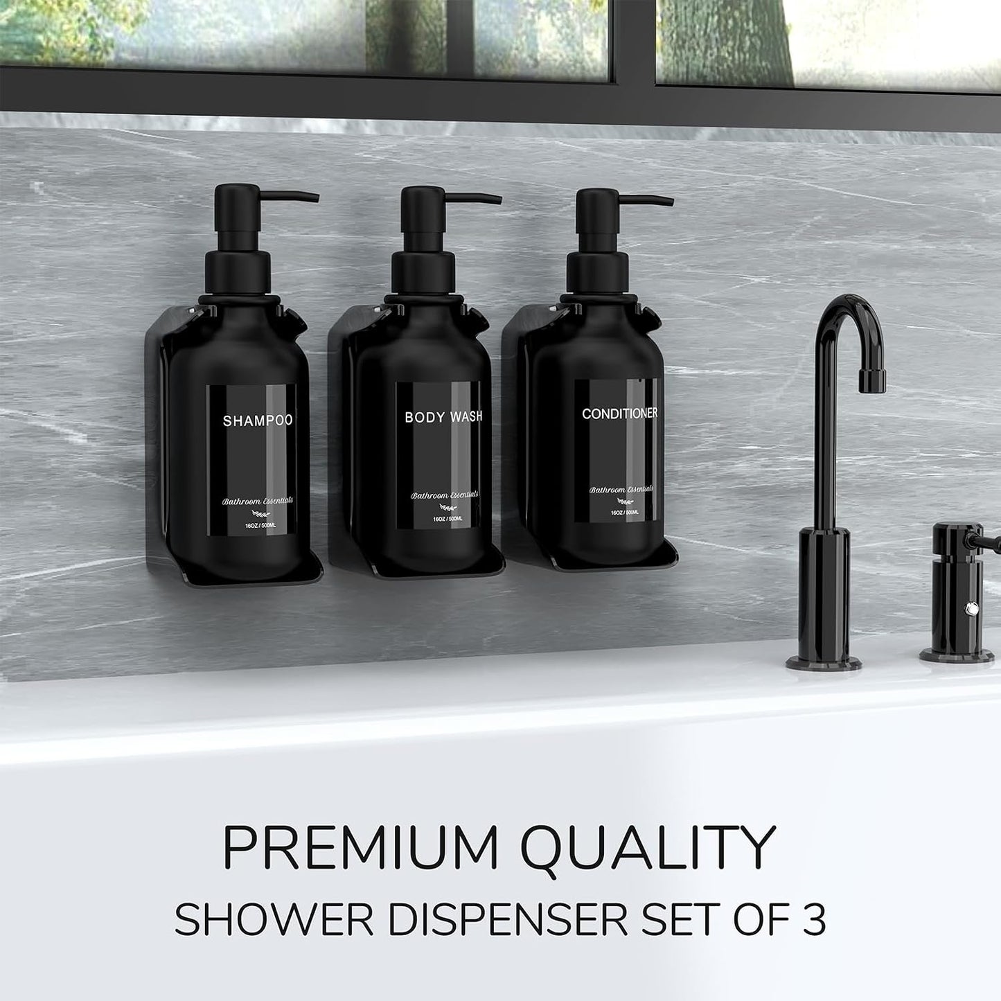 Modern Shampoo and Conditioner Dispenser - Shower Soap Dispenser Wall Mounted - 3-Pack 16 oz Plastic Amber Bottles with Black Pumps - Stylish Shampoo Dispenser, Shower Dispenser 3 Chamber No Drill