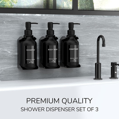 Modern Shampoo and Conditioner Dispenser - Shower Soap Dispenser Wall Mounted - 3-Pack 16 oz Plastic Amber Bottles with Black Pumps - Stylish Shampoo Dispenser, Shower Dispenser 3 Chamber No Drill