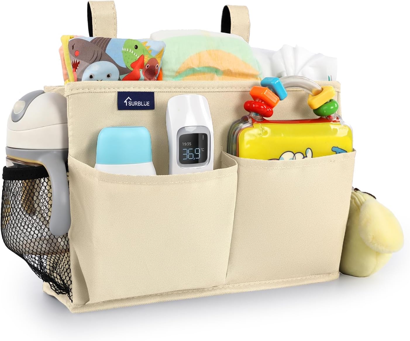 Surblue Bedside Caddy Hanging Organizer Storage Bag Pocket for Bunk, Hospital, College Dorm Rooms, Baby Bed Rails, Camp - 4 Pockets, 2 Hooks (Blue)