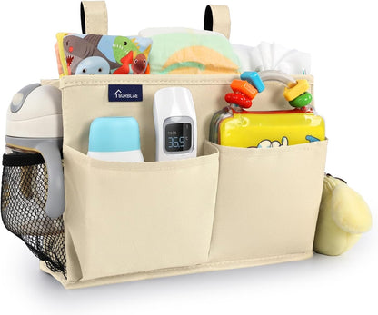 Surblue Bedside Caddy Hanging Organizer Storage Bag Pocket for Bunk, Hospital, College Dorm Rooms, Baby Bed Rails, Camp - 4 Pockets, 2 Hooks (Blue)