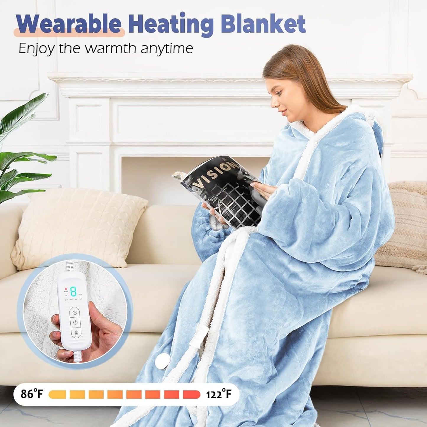 Wearable Heated Blanket with Foot Pocket, Electric Wearable Throw Blanket with Sleeves, Hood, Portable Heated Blanket with 8 Heat Settings, 1-10 Hours Auto Shut-off, Gift for Family, Friends, 50*70"