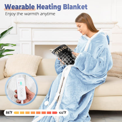 Wearable Heated Blanket with Foot Pocket, Electric Wearable Throw Blanket with Sleeves, Hood, Portable Heated Blanket with 8 Heat Settings, 1-10 Hours Auto Shut-off, Gift for Family, Friends, 50*70"