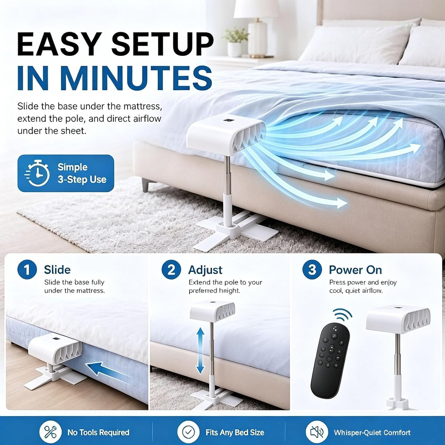 Bed Cooling Fan Under Sheets,Mattress Cooler Sleep Cooling System (white) | 5 Speeds Rechargeable Cooling Fan for Beds, Adjustable Height Mattress Fans for Under Blankets, Fits Most Mattress Heights