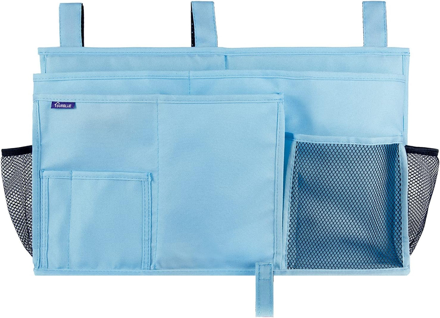 Surblue Bedside Caddy Hanging Organizer Storage Bag Pocket for Bunk, Hospital, College Dorm Rooms, Baby Bed Rails, Camp - 4 Pockets, 2 Hooks (Blue)
