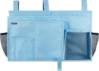 Surblue Bedside Caddy Hanging Organizer Storage Bag Pocket for Bunk, Hospital, College Dorm Rooms, Baby Bed Rails, Camp - 4 Pockets, 2 Hooks (Blue)