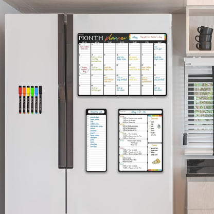Magnetic Dry Erase Monthly Calendar Set - 15.5"x13" Monthly and 8.5"x13" Weekly Calendar for Fridge - 6 Extra Fine Point Markers Included - Shipped Flat