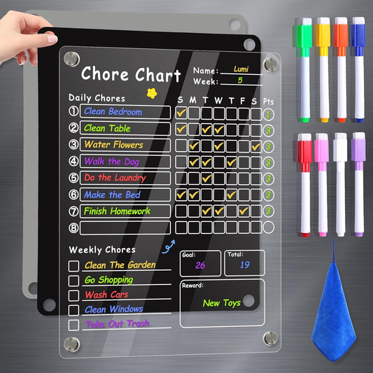 Acrylic Magnetic Chore Chart for Kids & Adult，12" x 9.5" Behavior Responsibility Reward Chart，at Home Clear Dry Erase Refrigerator Board for Multiple Kids & Teens(w/ 8 Markers & Towel)
