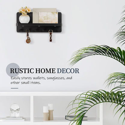 Nekon Key Holder for Wall with Shelf, Pine Wooden Key Hanger, Black | Small Wall Mounted Key Holder with 4 Hooks, Farmhouse Wall Organizer for Home Entryway & Apartment