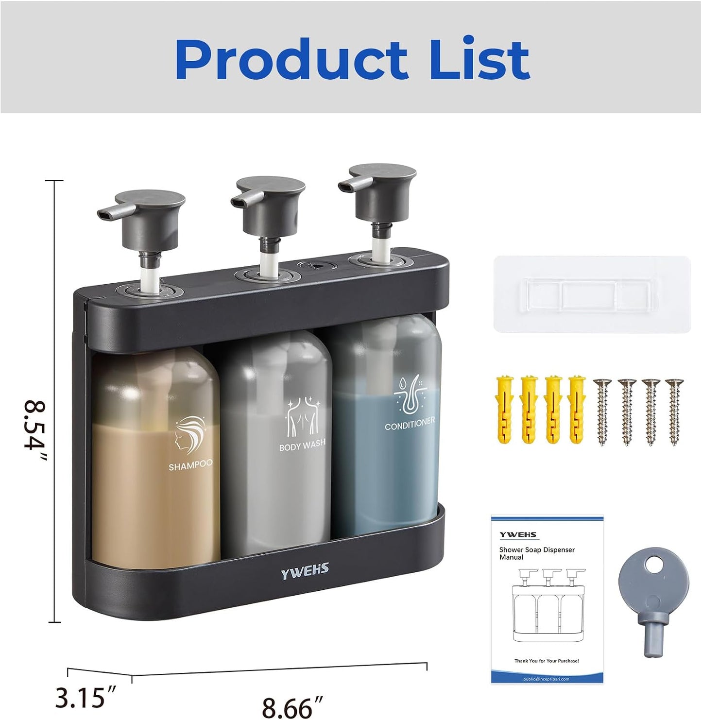Shampoo and Conditioner Dispenser Shower Soap Dispenser 3 Chamber No Drill Shampoo Dispense for Shower Wall Mounted Shower Shampoo Dispenser 3 Chamber for Bathroom Hotel 3 * 13.37 fl.oz Black