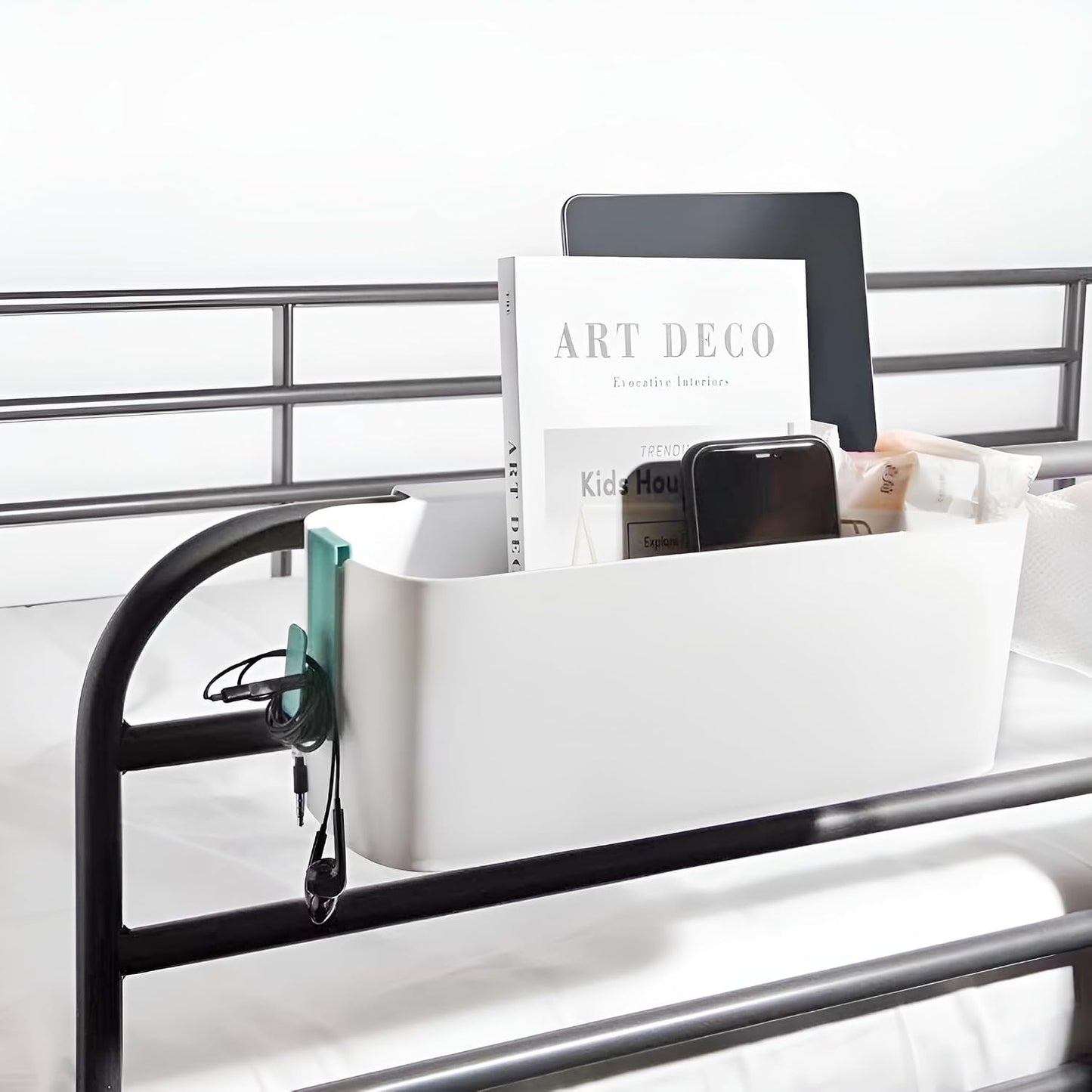Bedside Organzier Caddy Hanging, Plastic Bunk Bed Shelf with Hooks, Large Storage Holder for Dorm Room Bed, Hospital Bed, Baby Bed Rails, 11 Lbs / 5 Kg Capacity (White)