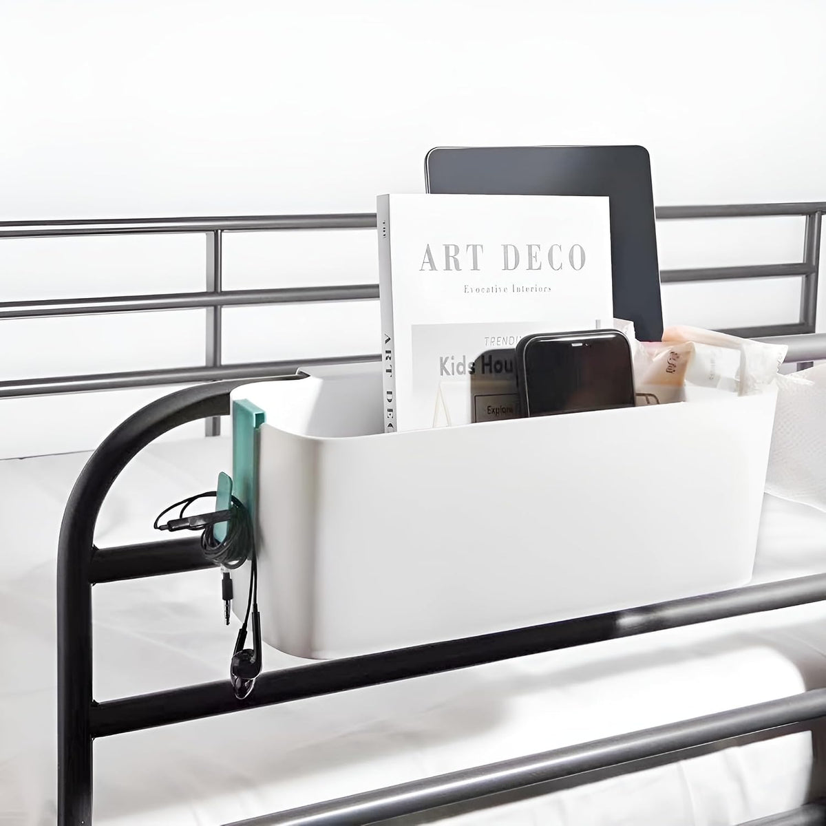 Bedside Organzier Caddy Hanging, Plastic Bunk Bed Shelf with Hooks, Large Storage Holder for Dorm Room Bed, Hospital Bed, Baby Bed Rails, 11 Lbs / 5 Kg Capacity (White)