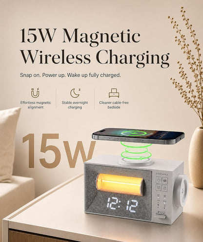 Sound Machine Alarm Clock with Wireless Charger for Bedroom, Hotel | Dual Alarm Clock with Snooze, White Noise Machine for Sleep with 20 Soothing Sound, Gentle Sunrise Wake Up Light, Night Light