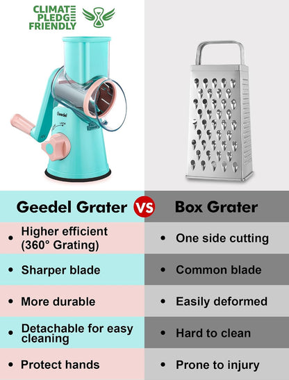 Geedel Rotary Cheese Grater, Kitchen Mandoline Vegetable Slicer with 3 Interchangeable Blades, Easy to Clean Rotary Grater Slicer for Fruit, Vegetables, Nuts | 3 Blades, 430 Stainless Steel, 12x Fast Cutting, Strong Suction Base, No BPA, Dishwasher Safe,