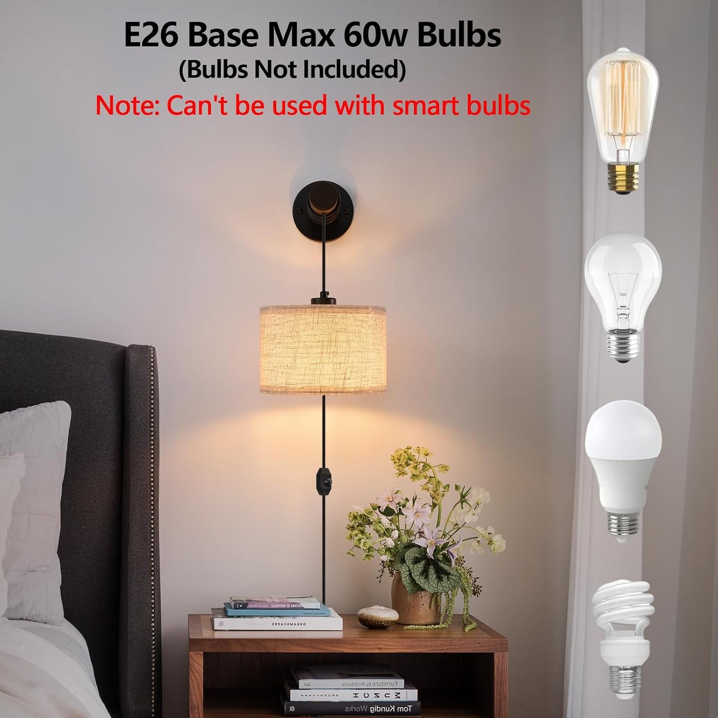 XSDeTu Battery Operated Wall Sconce with Remote, Rechargeable Battery Powered Wall Light, 3 Colors Dimmable Wall Mounted Lights, Adjustable Lamp for Bedroom Bedside, Wooden Arm, Fabric Shade, 2 Pcs