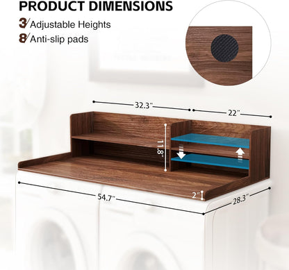 2 Tier Wooden Washer Dryer Topper, Large Laundry Countertop Cover, Walnut | Washer And Dryer Topper Non-Slip Pads,Over Washer And Dryer Shelves For Clothes Folding,Space Saving Laundry Room Organizer