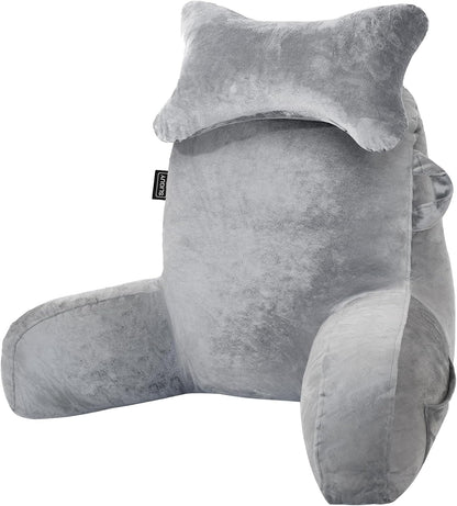 SLIGUY Reading Pillow for Sitting in Bed Couch Adult, Back Pillow with arm Support and Pockets, Adult Back Pillow Bed Chair for Bed Rest, Reading, Watching TV, Gaming for Boys and Girls Dark Grey